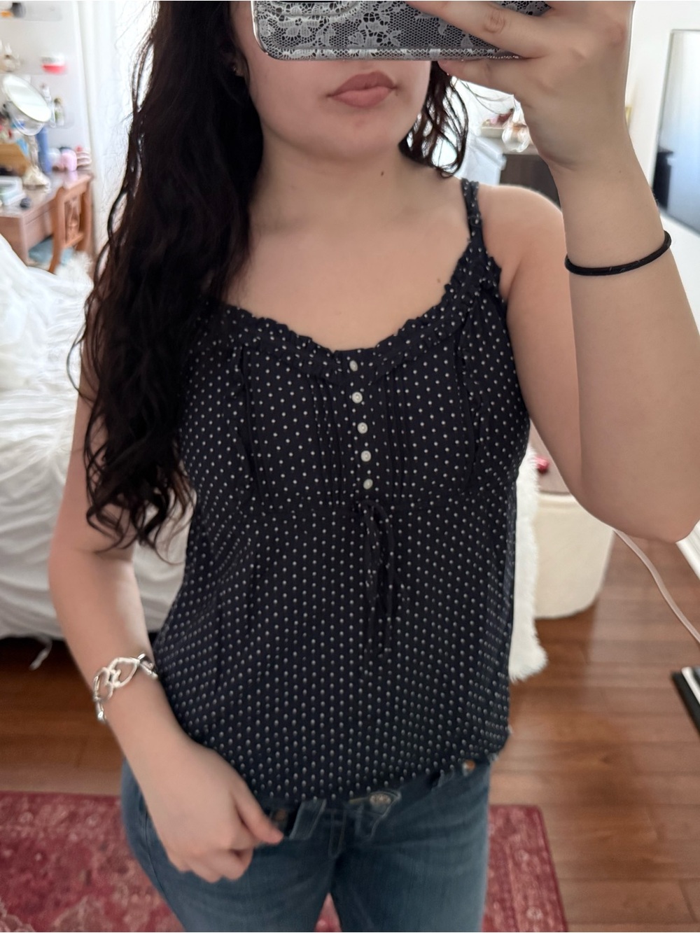 Brandy Melville Navy Polka Dot Ruffle-Trim Camisole